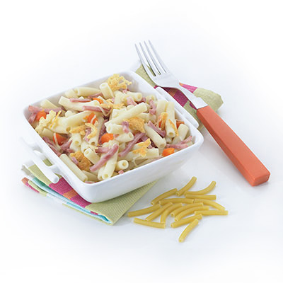 Gratin de macaroni et allumettes de jambon